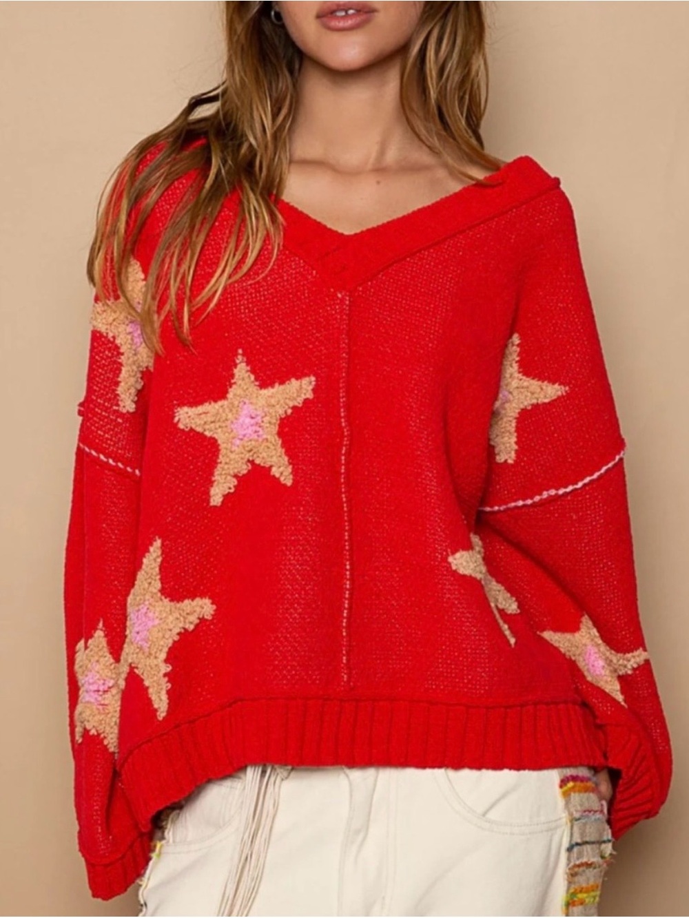 POL Red V-Neck Star Sweater with Tan & Pink Accents